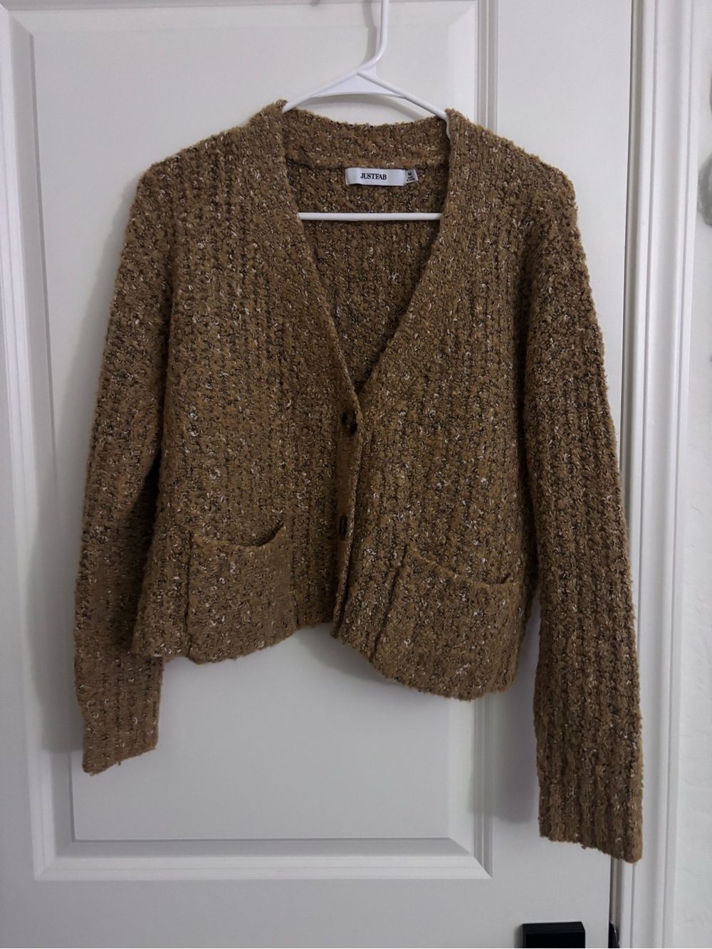JustFab Tan Bouclé Button-Front V-Neck Cardigan